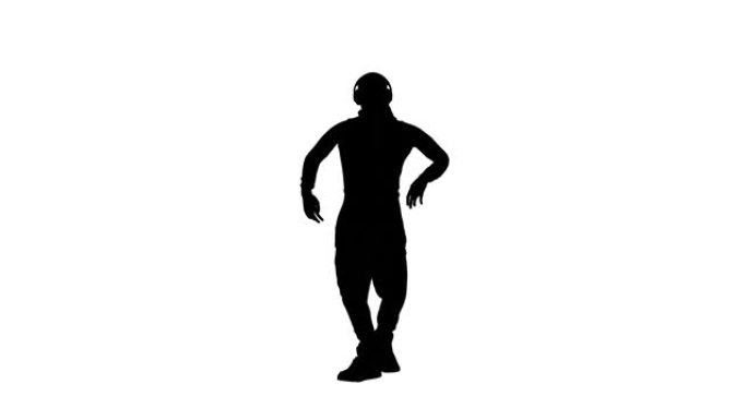 白色背景上的黑色剪影男子跳舞嘻哈。