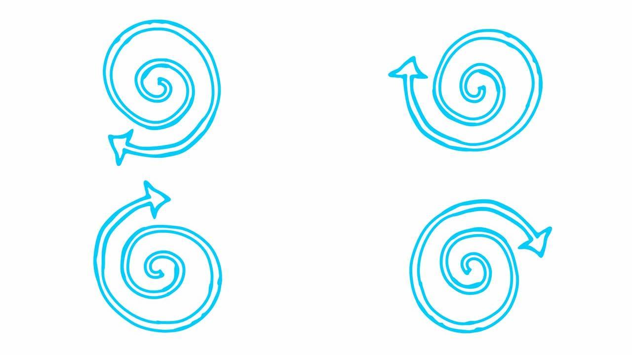 螺旋箭头旋转的动画图标。蓝色符号旋转。循环视频。手绘矢量插图孤立在白色背景上。