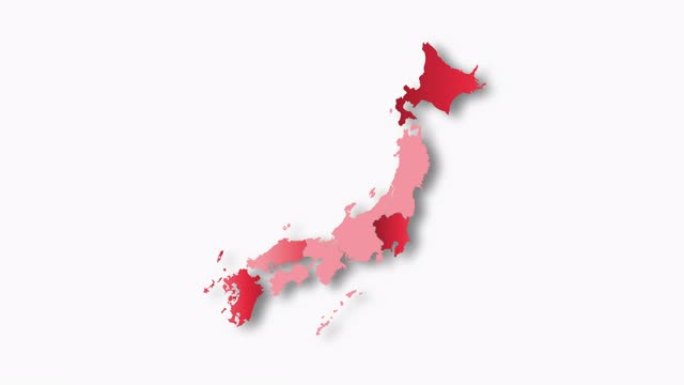 日本的政治地图以白色背景孤立的红色出现和消失。日本地图显示了不同的分裂状态。州地图。