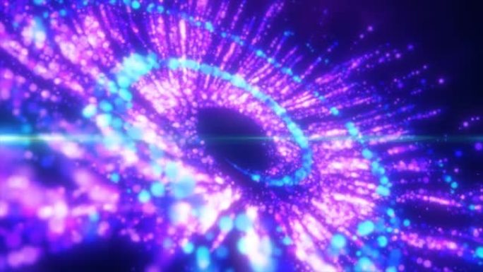 抽象的紫色和蓝色明亮的发光粒子在旋风中盘旋飞行，神奇的能量，抽象的背景。视频4k，运动设计