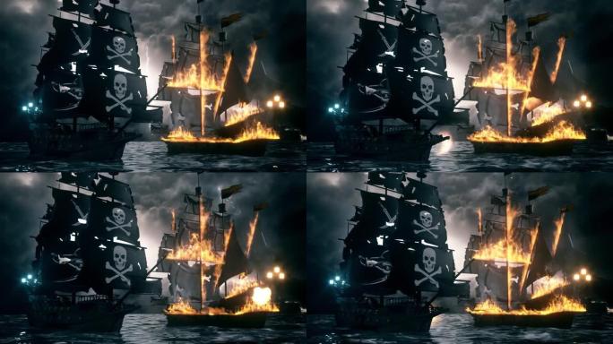 3D快乐罗杰海盗帆船向敌人帆船环风景背景V2发射大炮