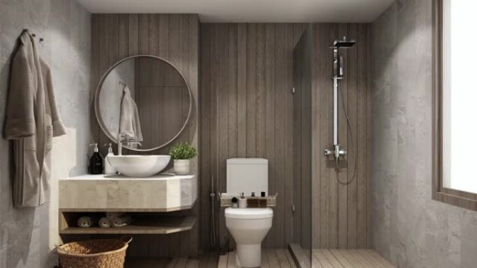 现代和最小的浴室或厕所的动画，以不同的颜色呈现相同的内部，并带有不断变化的装饰和装饰材料。3D渲染动