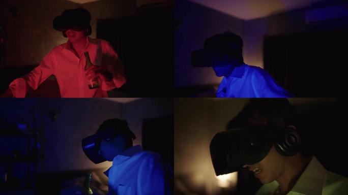 一名男子在vr耳机中跳舞，享受沉浸在虚拟现实派对中的乐趣