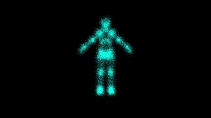 metaverse海蓝宝石霓虹灯人类的形象，抽象技术背景由动画线条和点，粒子制成。混合模式4K，FU