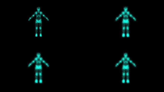 metaverse海蓝宝石霓虹灯人类的形象，抽象技术背景由动画线条和点，粒子制成。混合模式4K，FU