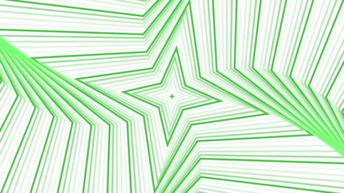 白色背景上的绿色自旋四角星简单平坦几何循环。星光灿烂的旋转电波无尽的创意动画。旋转星星无缝运动图形背