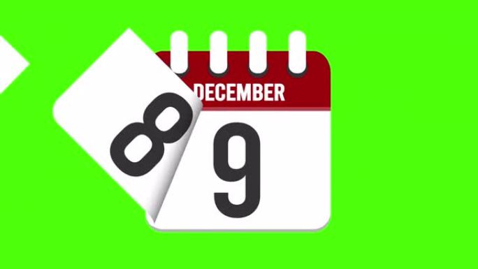 12月13日。日历出现，页面下降到12月13日。绿色背景，色度键 (4k循环)