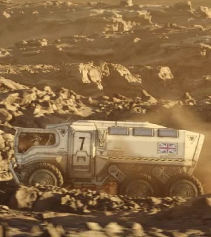 火星行星的太空殖民。带有英国国旗的火星探测器探索行星表面垂直视频