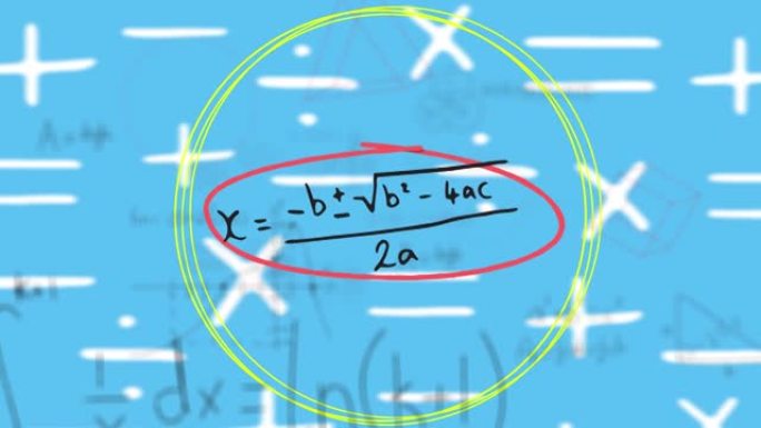 蓝色背景上的数学方程和运动形状的动画
