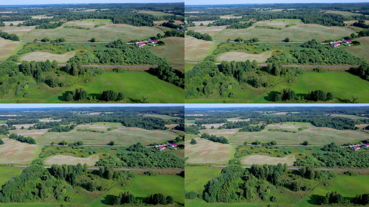 鸟瞰图乡村景观。波兰农场，乡村风光农田夏季森林。欧洲家庭农场变成波兰的绿地。鸟瞰农舍，丘陵田地树木森