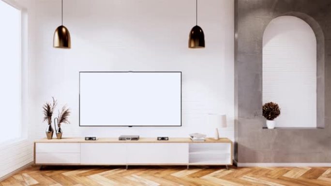阁楼室内白色砖墙房间的电视柜最小设计，3d渲染