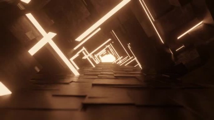 抽象隧道动画。穿过走廊向前飞行。带灯的未来走廊。几何背景。3d渲染。