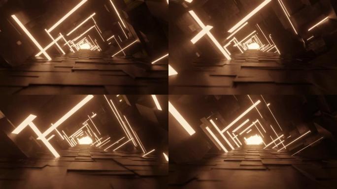 抽象隧道动画。穿过走廊向前飞行。带灯的未来走廊。几何背景。3d渲染。