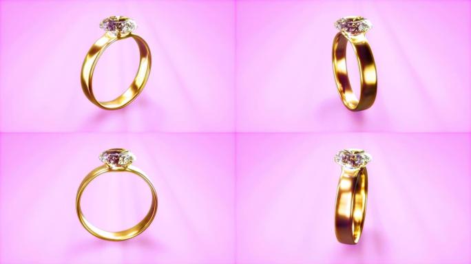 用钻石旋转的粉色背景环视频照明结婚戒指