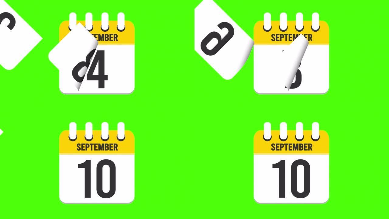 9月10日。日历出现，页面下降到9月10日。绿色背景，色度键 (4k循环)