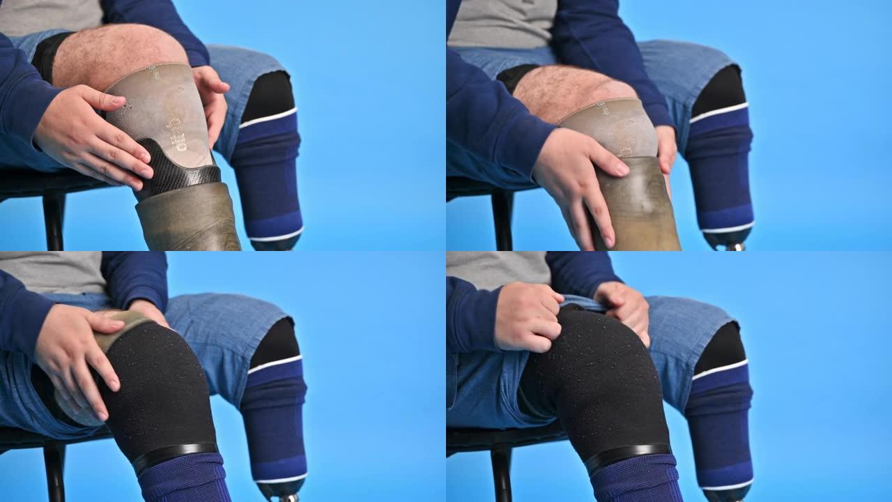 一个假肢和白色运动鞋的男人的看法。坐在椅子上戴上假肢，蓝色背景