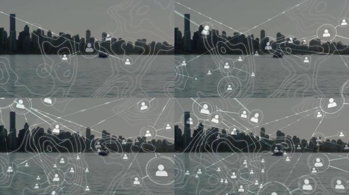 城市景观上的连接网络和白线动画