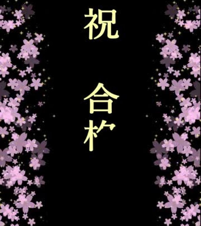 用金色书写 “恭喜” 一词的动画和带有粉红色樱花和左右两侧盛开的许多星星的动画材料 (黑色背景) (