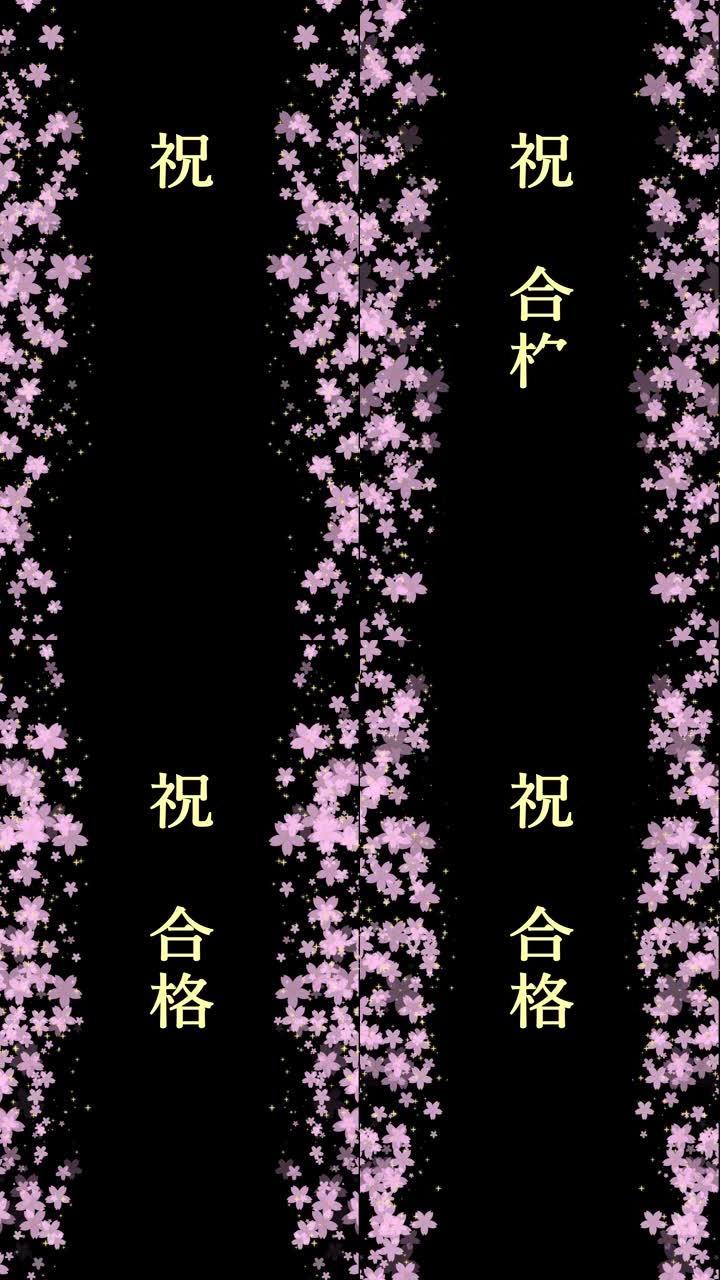 用金色书写 “恭喜” 一词的动画和带有粉红色樱花和左右两侧盛开的许多星星的动画材料 (黑色背景) (