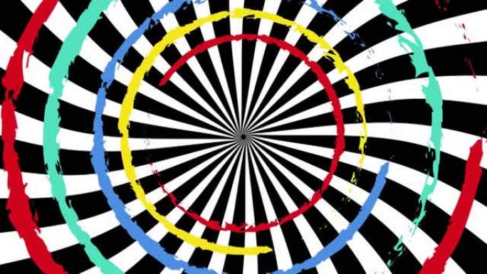黑白背景上多个彩色移动圆圈的动画