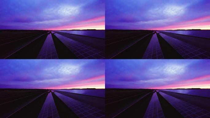 在日落时分，空中拉开了太阳能电池阵列农场的镜头