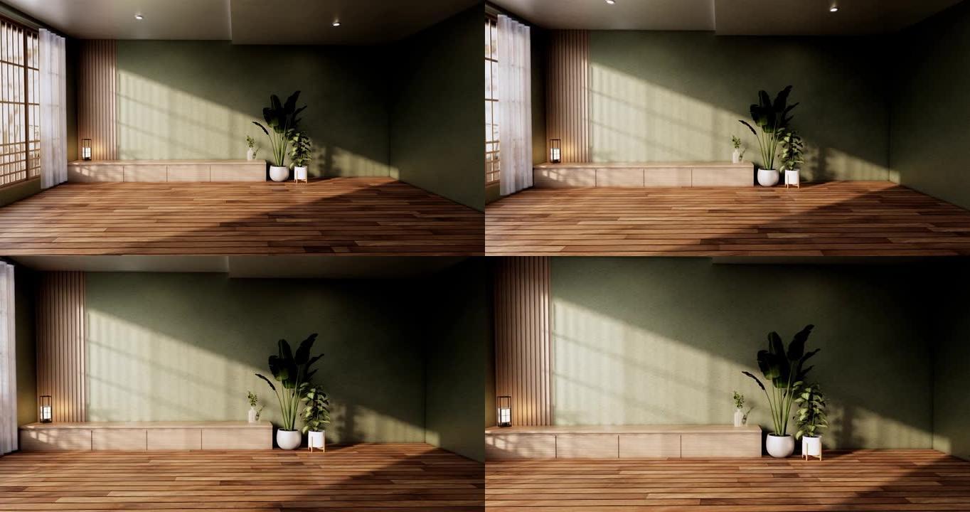 室内，客厅现代简约有沙发和橱柜，植物，绿色墙壁上的灯和花岗岩瓷砖地板。3d渲染