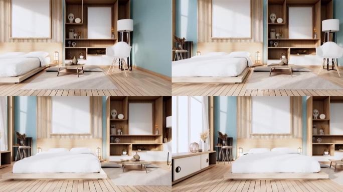 日本薄荷卧室的室内模型与禅床植物和装饰。3D渲染。