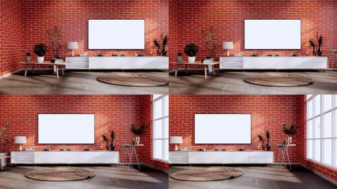 阁楼室内白色砖墙房间最小设计，3d渲染