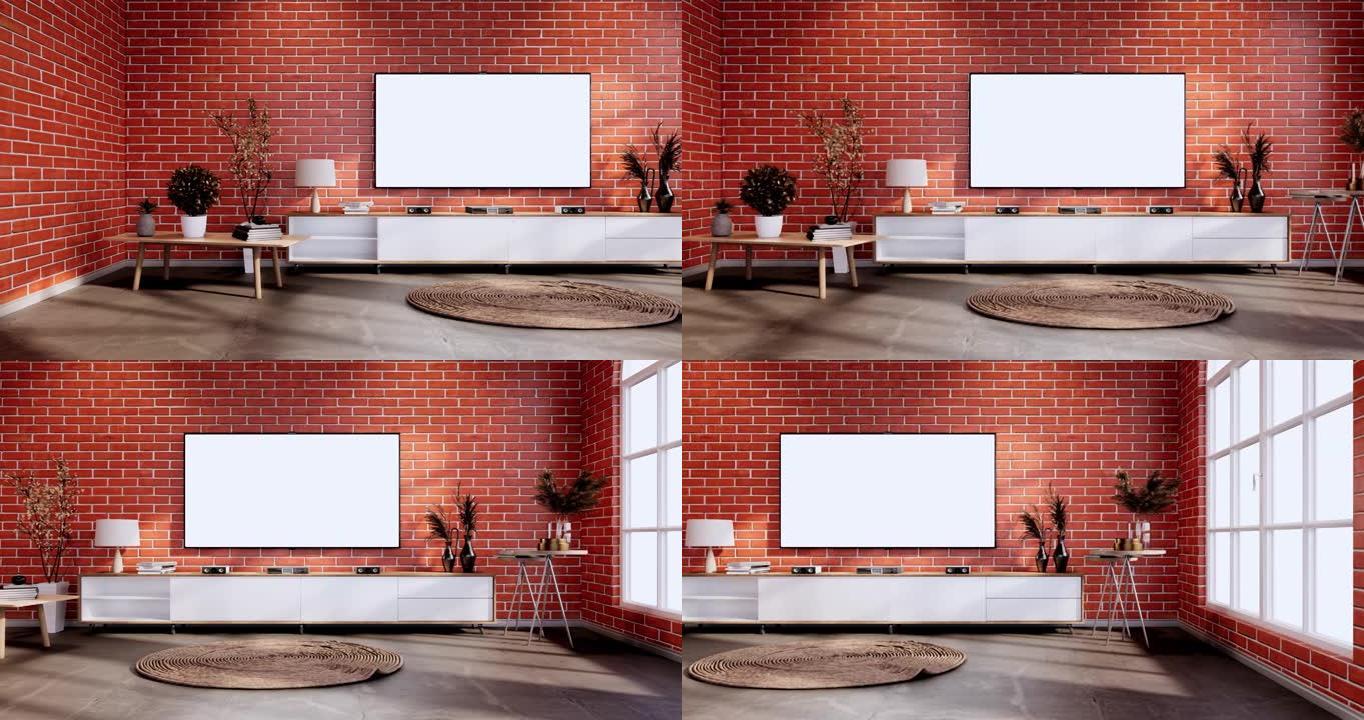 阁楼室内白色砖墙房间最小设计，3d渲染