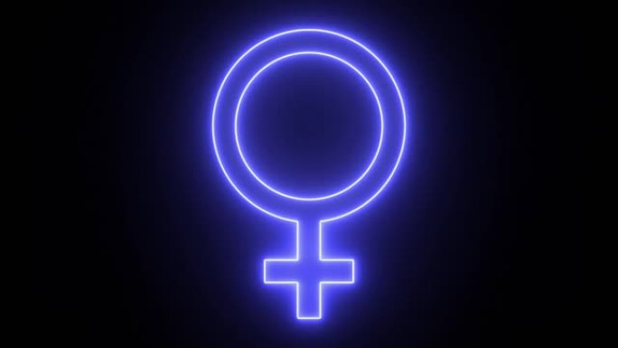 4K蓝色霓虹灯女性图标。黑色背景上的性别符号。闪烁象形文字股票视频。充满活力的荧光信号动画。