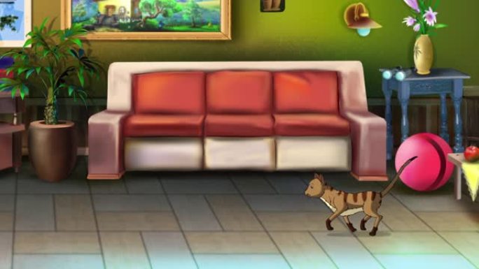红色虎斑猫在房间里乱跑高清动画