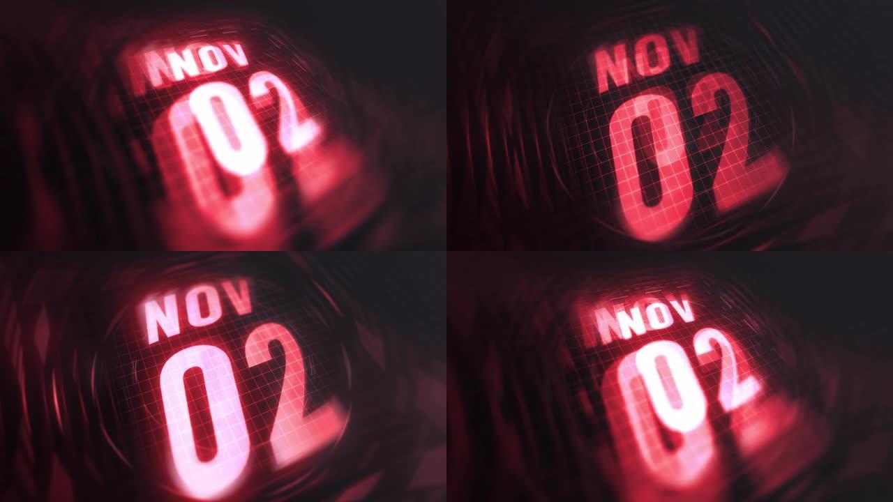 3d运动图形中的11月2日。未来的红外日历和科技发光霓虹灯拍摄，发光二极管纪念等。4k in循环