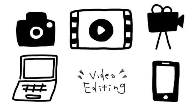 视频编辑复古可爱手绘黑白线画插图视频。用相机和电脑上的智能手机拍摄和编辑视频。