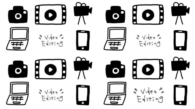 视频编辑复古可爱手绘黑白线画插图视频。用相机和电脑上的智能手机拍摄和编辑视频。