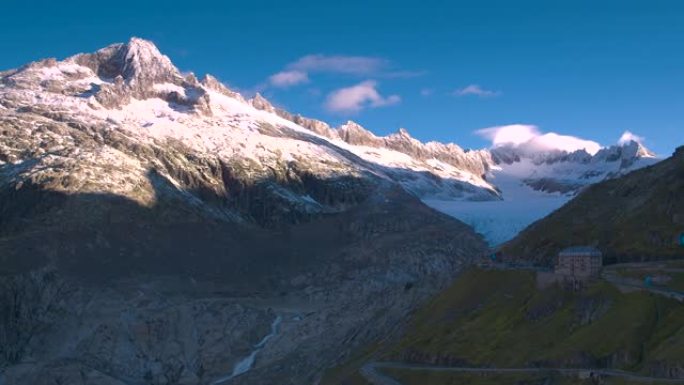 接近瑞士罗纳河冰川的电影宽航拍