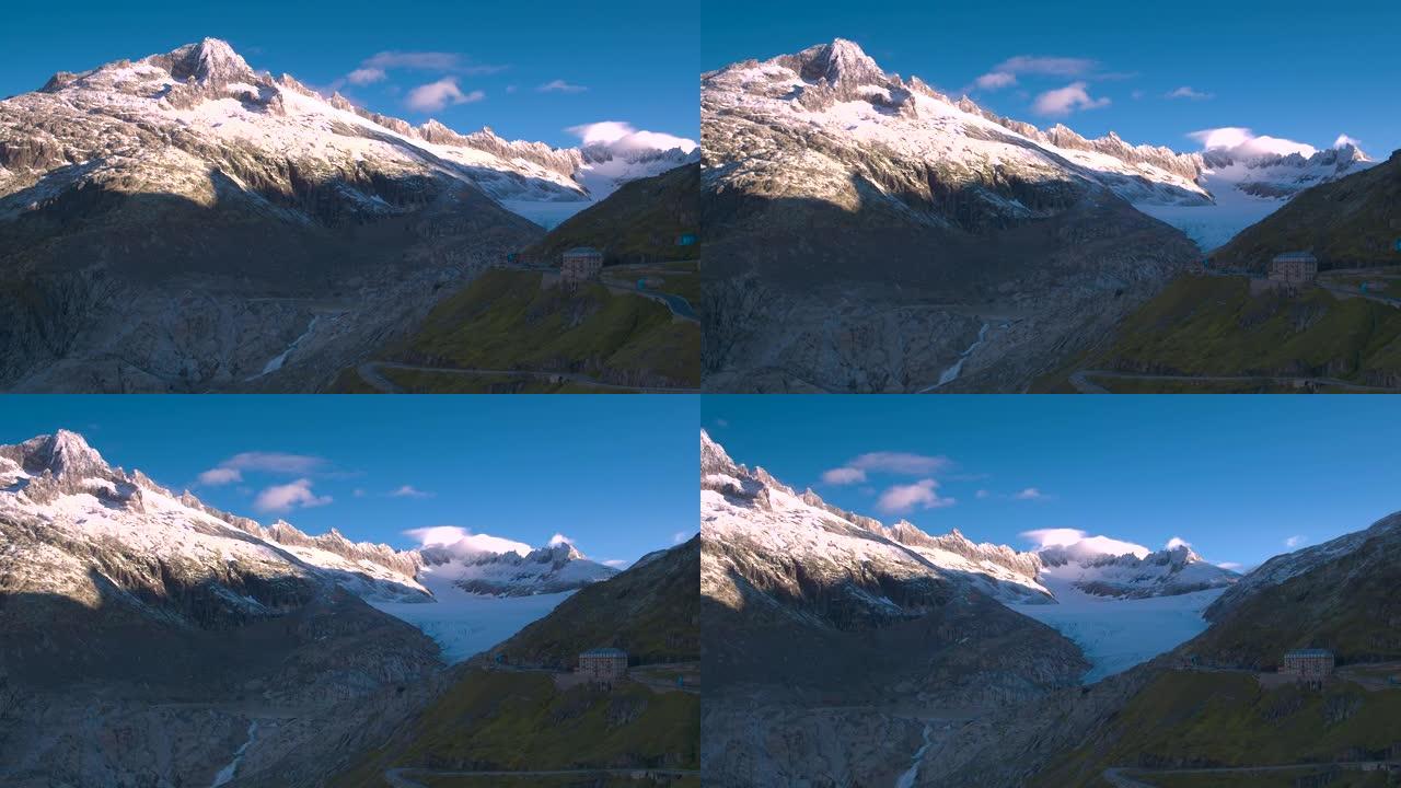 接近瑞士罗纳河冰川的电影宽航拍