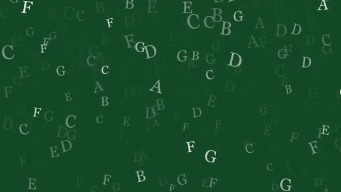 绿色背景上飞行发光字母的动画，大写字母后者漂浮在绿色背景上。字母在空中移动的循环动画，绿色板上的英文