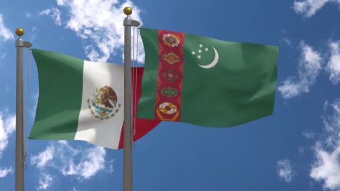 墨西哥国旗与土库曼斯坦国旗在一杆，3D渲染，两个旗帜