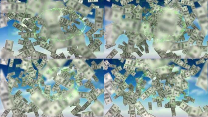 数字大脑和美元钞票落在蓝色背景上的动画