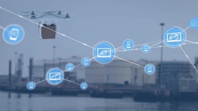 数字图标和无人机网络携带一个送货箱对着港口