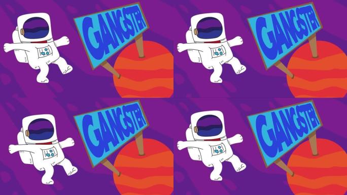 宇航员在红色星球附近漂流与黑帮广告牌。