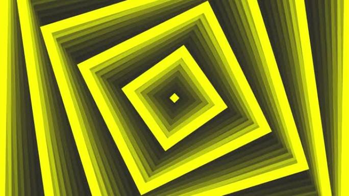 深灰色黑色背景循环上的黄色粗体旋转方形简单平面几何。旋转二次无线电波无尽的创意动画。旋转四方无缝运动