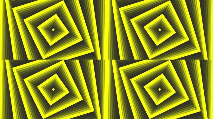 深灰色黑色背景循环上的黄色粗体旋转方形简单平面几何。旋转二次无线电波无尽的创意动画。旋转四方无缝运动