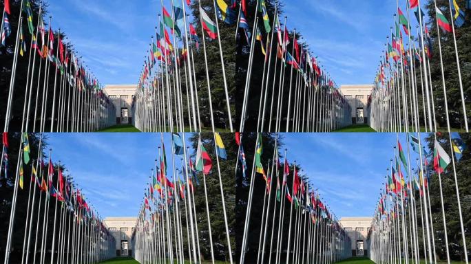 2023年1月，瑞士日内瓦。用广角镜头和低角度镜头拍摄的慢镜头:联合国总部的标志性形象。院子里悬挂着