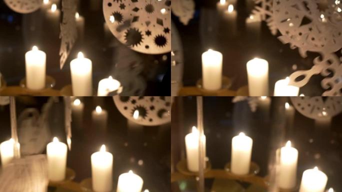 降临节白色蜡烛上的旋转装饰由胶合板制成，描绘天使或圣诞树14p1