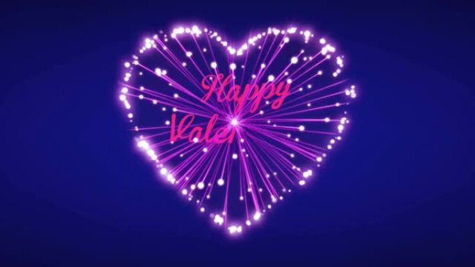 动画粉色文字情人节快乐，蓝色背景上有烟花心形。