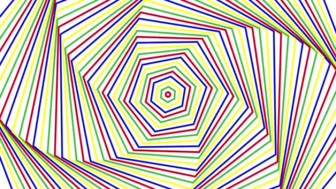 白色背景循环上的彩色自旋六边形简单平面几何。彩色六边形旋转无线电波无尽的创意动画。旋转多色无缝运动图