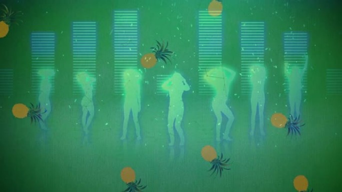 菠萝掉落在跳舞的女性剪影上的动画和绿色的音乐图形均衡器