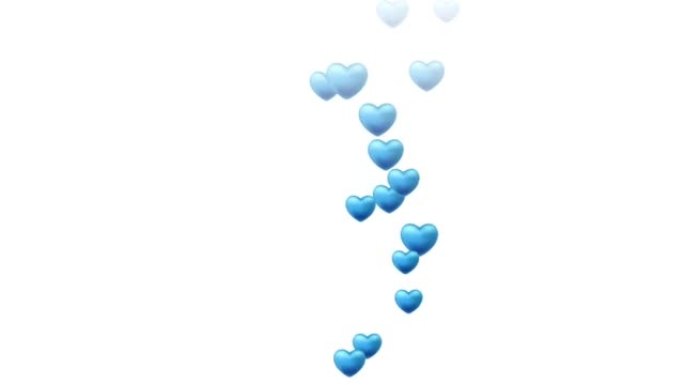 白色背景上的飞行蓝心动画。浪漫的设计理念。4K