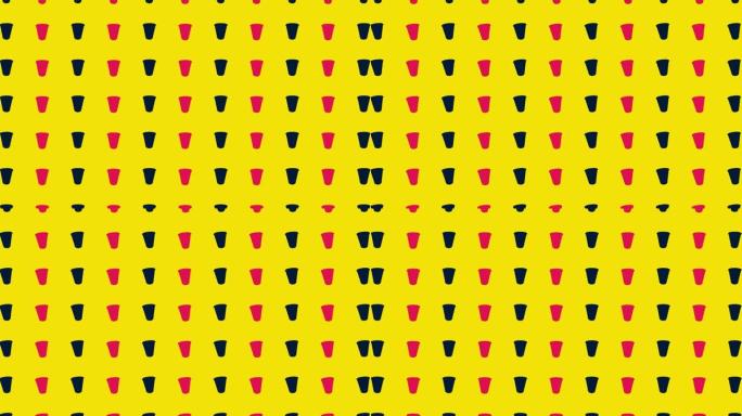黄色背景上粉红色和黑色纸杯的彩色图案。纸杯无缝图案。逼真的动画。4k视频运动